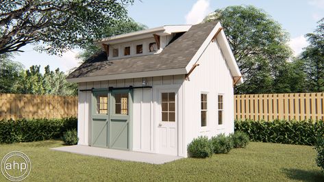 16x12 Shed Plans, Modern Farmhouse Shed, Farmhouse Shed, Pool Sheds, White Shed, Backyard Workshop, Farmhouse Sheds, Porch Canopy, Plan Garage