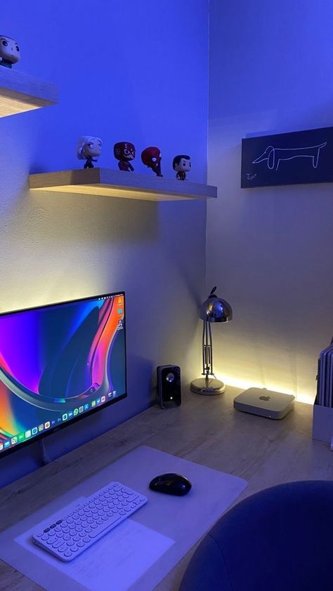 Desk Setup Ideas Bedroom, Office Pc Setup, Study Setup Desk, Small Pc Setup, Mac Mini Desk Setup, Desk Setup Bedroom, Gamer Boy Bedroom, Setup Gamer Aesthetic, Mac Mini Setup