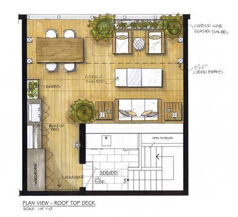 A rooftop deck with custom outdoor kitchen, built-in storage, modern dining table, Restoration hardware outdoor lounge furniture and ottoman that converts to a sunbed. See progress pics on the  CREED Blog in link. |  Plan by:  CAROL REED INTERIOR DESIGN Deck Design Plans, Urban Rooftop, Rooftop Patio Design, Terrasse Design, Terrace Floor, Deck Layout, Rooftop Terrace Design, Rooftop Design, Interior Design Sketches