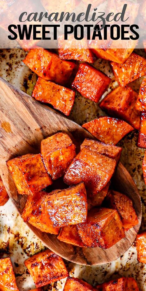 You'll want to inhale these caramelized, tender, roasted sweet potatoes daily, prepped in less than 15 minutes with pantry-friendly spices, and ZERO dishes to wash!  #sweetpotatoes #sweetpotato #sweetpotatorecipe #sweetpotatorecipes #sidedish #sidevegetable #holidayrecipe #holidayside #thanksgivingside #healthyeating #healtyrecipe #healthyrecipes #healthylifestyle Roasted Sweet Potato Thanksgiving Recipes, Vegetable Side Dishes Sweet Potato, Sweet Roasted Sweet Potatoes, Sweet Potato Can Recipes, Thanksgiving Recipes Side Dishes Sweet Potatoes, Roasted Thanksgiving Sweet Potatoes, Carmalized Sweet Potatos, Sweet Potato Recipes Thanksgiving Cubed, Sweet Potato Sides Thanksgiving