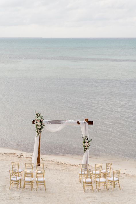 Standing Beach Wedding Ceremony, Beach Wedding Sitting Ideas, Beach Wedding Setting, Intimate Beach Ceremony, Simple Wedding On The Beach, Beach Elopement Ceremony Set Up, Small Intimate Wedding Beach, Sunset Beach Wedding Ceremony, Wedding Arch On Beach