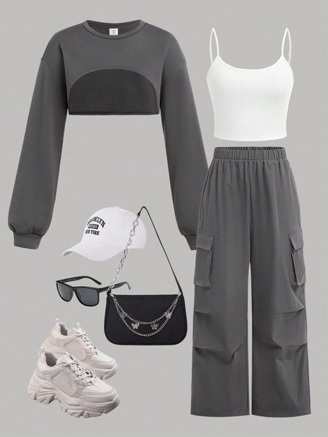 Casual Outfits For Teens Girls Simple, Trending Clothes For Teen Girls 2024, Crop Tops Women Cute Outfits, Shein Teen Girl Outfits, Clothes For Teens Girls Outfits, Outfits For Teenagers Girl, Clothing Astethic Types, Gray Casual Outfit, School Clothes For Teens