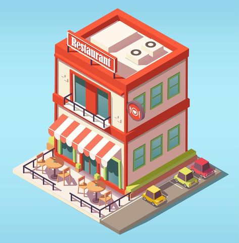 Isometric restaurant building Isometric Building Illustration, Isometric Restaurant, Building Isometric, Isometric Building, Low Poly City, Restaurant Building, Isometric Cube, Adobe Photoshop Photography, Isometric Grid