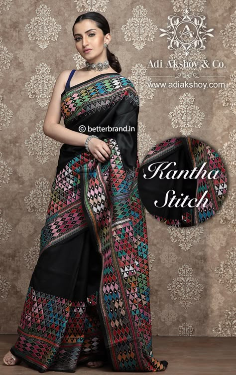 Kantha Saree Silk, Katha Stitch, Nakshi Katha, Saree Pose, Stitch Saree, New Fashion Saree, Saree Accessories, Kantha Sari, Pure Chiffon Sarees