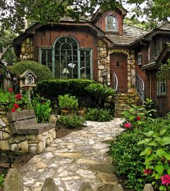 The Little wooden house Overgrown Aesthetic House, Cobble Stone Cottage, Tudor Cottage Landscaping, Unique House Exterior Architecture, Houses In Scotland, Aethstetic House, 70s Style Home Exterior, House With Trees Around It, Mini Castle House