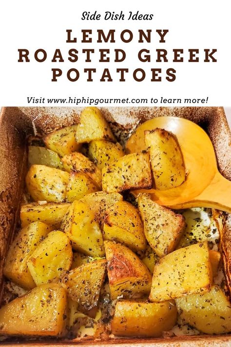 dish of roasted potato chunks seasoned with oregano, lemon, garlic, salt, pepper and olive oil, greek style Roasted Potatoes In Oven, Greek Easter Recipes, Greek Style Potatoes, Greek Roasted Potatoes, Greek Night, Greek Lemon Potatoes, Best Side Dish, Easy Delicious Dinners, Potatoes In Oven