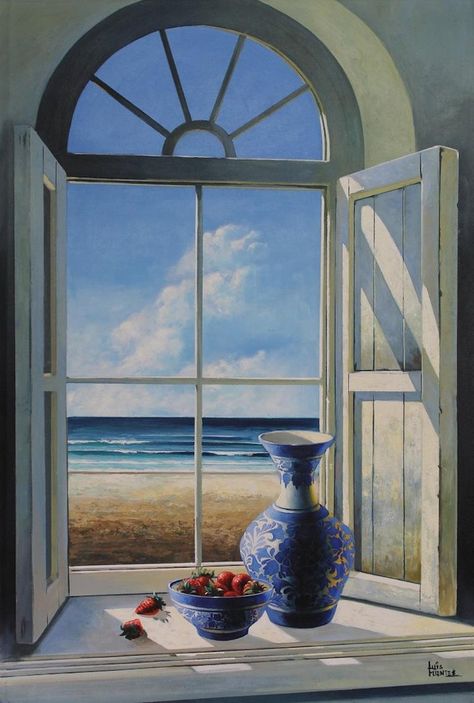 Window Landscape Painting, Light Through Window Drawing, Painting A Window On Canvas, Windows Art Drawing, Through The Window Painting, Painting Ideas Window, Windows Painting Ideas, Paintings On Windows, Paintings Of Windows