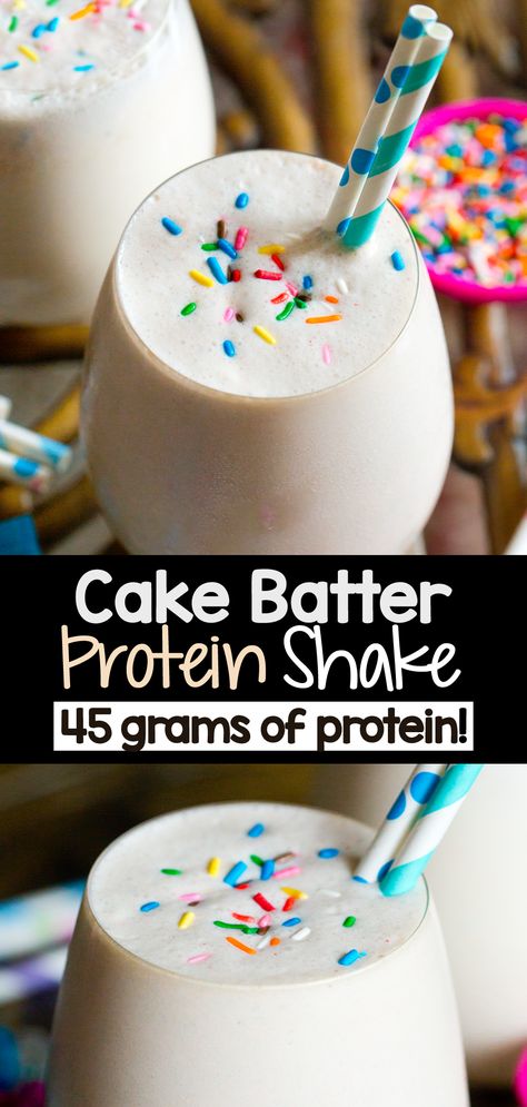 This birthday cake protein shake tastes like a cake batter milkshake, with over forty five grams of protein packed into just one serving! Whip one up in minutes for breakfast or a healthy snack, or any time you are craving vanilla cake batter in the form of a delicious protein shake. #protein #healthysnack #birthday #cakebatter #proteinshake Cake Batter Protein Shake, Protein Milkshake Recipe, Vanilla Protein Shake Recipes, Birthday Cake Batter, Breakfast Shakes Protein, Blueberry Mango, Cake Batter Protein, Protein Drink Recipes, Creamy Cake