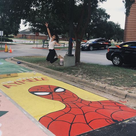 Senior parking spot idea marvel theme / made by aymele rodas Senior Parking Space Ideas Spiderman, Spiderman Parking Spot Painting, Senior Parking Spaces Spiderman, Spiderman Senior Parking Spot, Spider Man Parking Spot, Marvel Parking Spot Painting, Senior Year Parking Spot Ideas Boys, Marvel Senior Parking Spot, Spiderman Parking Spot