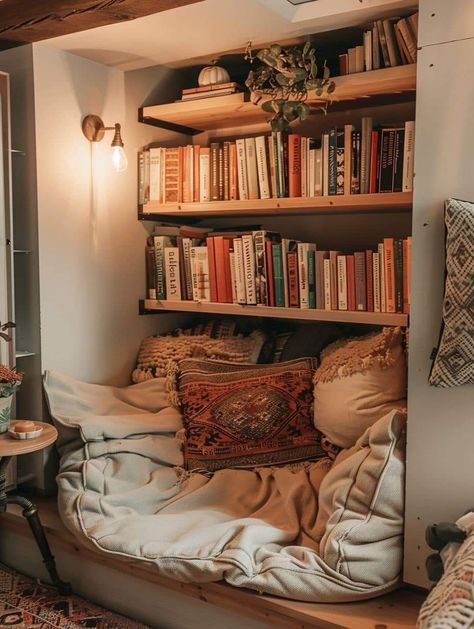 Comfy Book Nook, Home Book Nook Ideas, Closet Converted To Reading Nook, Small Reading Space Ideas, Book Self Aesthetic, Turning Closet Into Reading Nook, Cosy Nook Ideas, Alcove Reading Nook, Beanbag Reading Nook