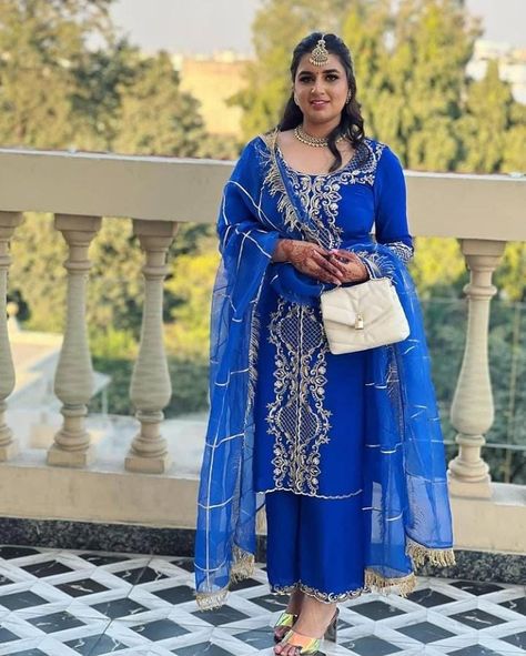 Royal Blue Punjabi Suit Party Wear, Blue Punjabi Suit, Heavy Suits, Handwork Design, Ladies Suit Design, Designer Suits For Wedding, Plazo Suits, Punjabi Dress Design, Designer Dresses Elegant