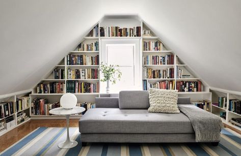 Attic Room Library, Home Library Loft, Attic Bookshelf Wall, Bookshelf In Attic Room, Attic Hobby Room, Attic Room Bookshelves, Bonus Room Library Ideas, Sloped Ceiling Library, Small Attic Library