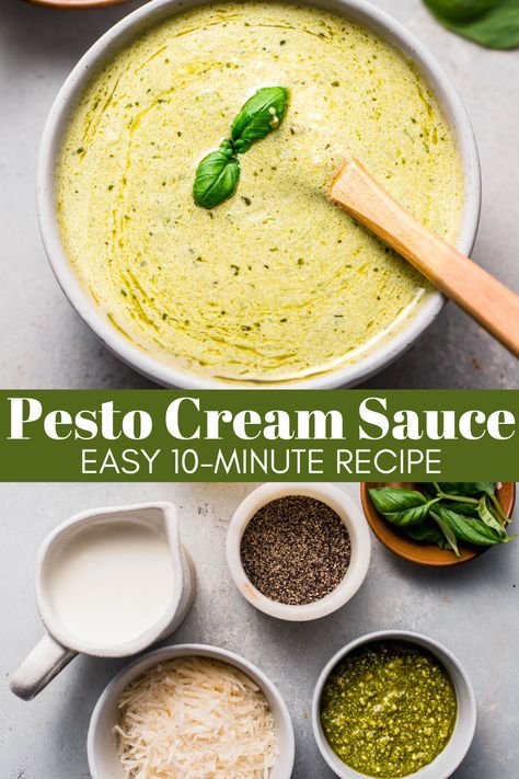 Rich and herbaceous Pesto Cream Sauce in just 10-minutes! Make it with homemade or store-bought pesto for a quick and easy Italian-inspired dinner. // pasta // recipe // chicken // easy // tortellini // salmon Pesto Cheese Sauce, Pesto Sauce For Ravioli, Homemade Pasta Cream Sauce, Pesto Cream Sauce Recipe, Basil Pesto Cream Sauce Recipe, Creamy Pesto Sauce From Jar, Pasta And Cream Sauce, Basil Pesto Cream Sauce, Easy Creamy Pesto Sauce