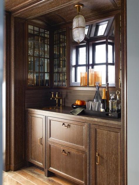 Wet Bar Cabinets, Bar Layout, Peter Pennoyer, Home Wet Bar, Architectural Ideas, Wood Backsplash, Oak Kitchen Cabinets, Cerused Oak, Built In Bar