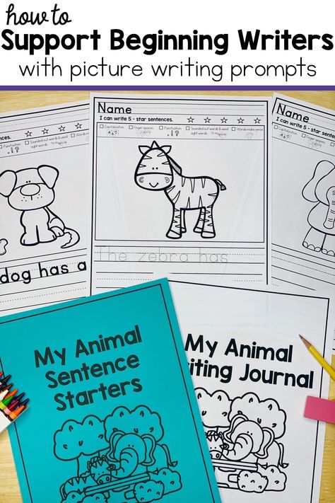 K5 Crafts, Easy Writing Prompts, Kindergarten Writing Journals, Crayon Classroom, Writing Center Kindergarten, Animal Writing, Kindergarten Writing Activities, Complete Sentence, Picture Writing