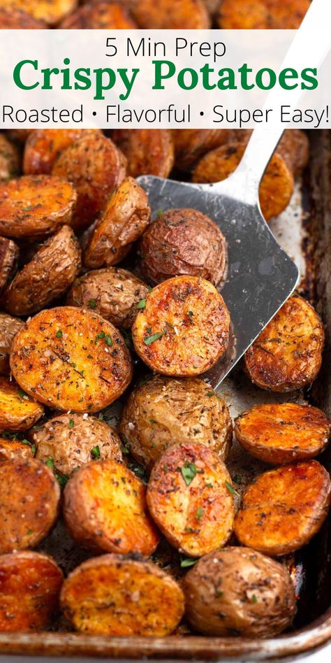 Enjoy perfectly crispy Oven Roasted Potatoes with minimal effort! In just 5 minutes of prep time, you can have a tasty and versatile side dish. Whether you use gold, red, or baby potatoes, and dried herbs, this easy-to-prepare recipe is sure to be a hit. Cooking Small Potatoes In Oven, Oven Potatoes Baked, Potatoes Oven Recipes, Roasted Potatoes In Oven Crispy, Potato Recipes Oven Roasted, Small Oven Roasted Potatoes, Yellow Roasted Potatoes In Oven, Easy Roast Potatoes, Roasted Yukon Potatoes In Oven