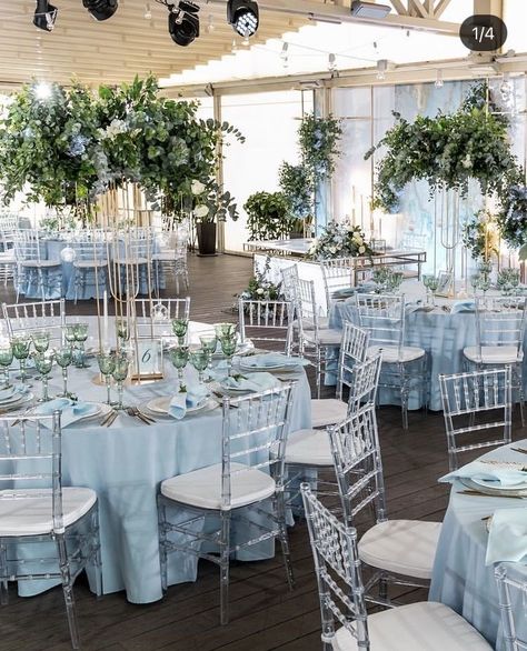 Baby Blue Engagement Decoration, Blue And White Wedding Venue Ideas, Sky Blue Theme Birthday Party, Powder Blue Theme Wedding, Dusty Blue Tablecloth Wedding, Pastel Blue Wedding Decorations, Light Blue And White Wedding Decorations, Light Blue Bridal Dress, Light Blue 15 Decorations