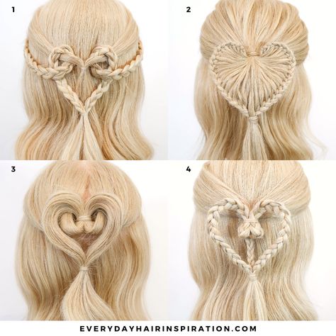 Valentines day Hairstyles Braid Heart Hairstyles, Heart Updo Hairstyles, Heart Hairstyle Short Hair, Valentines Day Hairstyles Braids, Short Hair Long Braids, Hair Styles Heart, Braided Heart Hairstyles, Hearts In Hair, Heart Hairstyle Braids