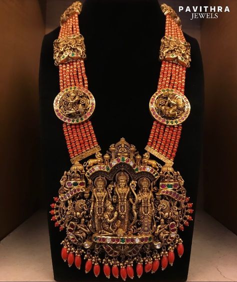 Gold Antique Coral Haram From 'Pavithra Jewels' • South India Jewels Pretty Gold Necklaces, Coral Jewellery, Coral Jewelry Set, Haram Designs, Jacket Designs, Gold Haram, Temple Jewelry Necklace, Neck Pieces Jewelry, Antique Necklaces Design