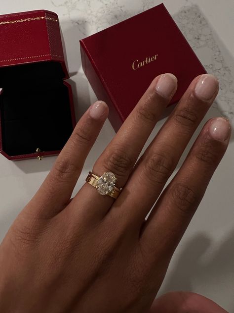 Cartier Wedding Band With Engagement Ring, Cartier Ring With Wedding Ring, Cartier Wedding Band With Oval Ring, Ring With Cartier Band, Cartier Ring Stacked With Engagement Ring, Wedding Rings With Cartier Band, Cartier Marriage Ring, Cartier Love Ring With Oval Engagement Ring, Italian Wedding Rings Style