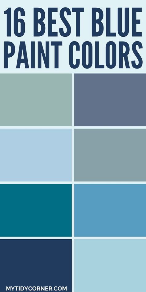 Looking for the perfect blue color? Here are the best blue paint colors for bedroom, living room and more. Create a sophisticated and inviting atmosphere in your home with best light blue paint colors, mid tone or dark blue paint colors. You will love these blue paint color ideas. Blue Paints For Living Room, Trendy Blue Paint Colors, Stone Blue Paint Color, Trending Blue Paint Colors, Blue Painted Bedroom Ideas, Best Light Blue Paint Colors For Bedroom, Benjamin Moore Blue Bedroom, Bright Blue Paint Colors, Teal Blue Paint Colors