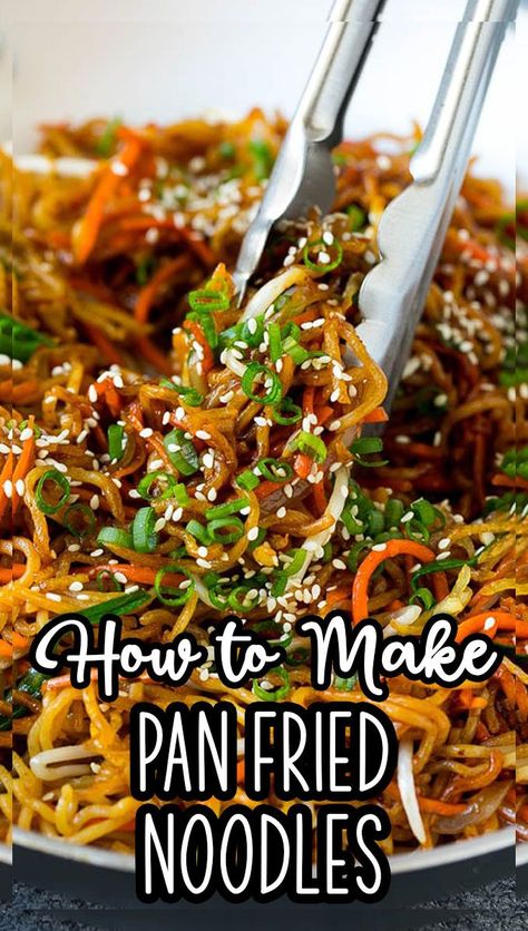 These pan fried noodles are tossed with colorful vegetables and coated in a savory sauce. Pan Fried Lo Mein Noodles, Beef Pan Fried Noodles Recipe, Asian Recipes With Vegetables, Stirfry Noodle Sauce, Asian Pan Fried Noodles, Pan Fried Ramen Noodles Recipe, Chicken Pan Fried Noodles, Garlic Fried Noodles, Stir Fried Rice Noodles Recipe