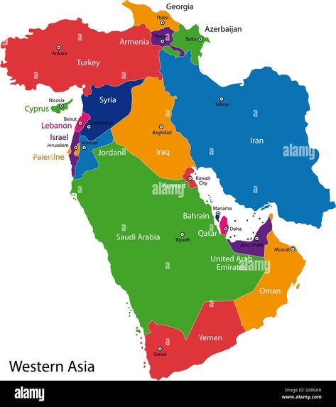 Download this stock image: Western Asia map - G08GKR from Alamy's library of millions of high resolution stock photos, illustrations and vectors. Yemen Sanaa, Middle East Map, Manama Bahrain, Sea Map, Asia Map, Caspian Sea, Western Asia, India Map, Kuwait City