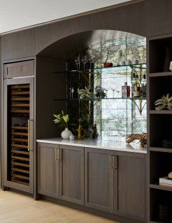 River North Condo Renovation - Transitional - Home Bar - Chicago - by Devon Grace Interiors | Houzz Transitional Bar Design, Dark Wet Bar Ideas, Wine Bar In Living Room, Walnut Wet Bar, Built In Shelves Bar, Built In Bar With Arch, Arched Bar Area, Wet Bar With Mirror, Dining Room Bar Built In