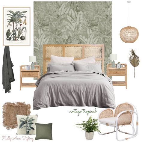 Designed by @kellyannstyling using our mood board tool. Loving the sage green, palms and rattan used to create a coastal boho look.  Bedroom design, bedroom decor, rattan pendants, rattan furniture, tropical Tropical Bedroom Interior, Coastal Boho Bedroom, Sage Bedroom, Colonial Interiors, Bedroom Mood Board, Rattan Bedroom, Tropical Bedroom, Art Styling, Tropical Interior