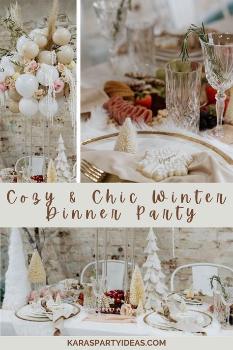 Kara's Party Ideas Cozy & Chic Winter Dinner Party | Kara's Party Ideas Cozy Winter Dinner Party, 40th Birthday Party Ideas For Women Winter, Winter Parties Ideas, Winter Dinner Party Ideas, Winter Theme Dinner Party, Winter Wonderland 40th Birthday Party, Adult Winter Wonderland Party, January Dinner Party Themes, Formal Christmas Dinner Party