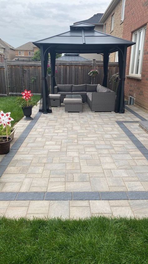 15+ Stunning Paver Patio Ideas for Home in 2023 Gazebo Ideas Small Backyard, Champlain Grey Techo Bloc, Outdoor Paver Patio Ideas Backyards, Landscaping Ideas With Pavers, Interlock Patio Backyard, Backyard Pavers Ideas, Paver Patio Ideas Layout, Paver Patio Ideas On A Budget, Patio Paver Designs Layout