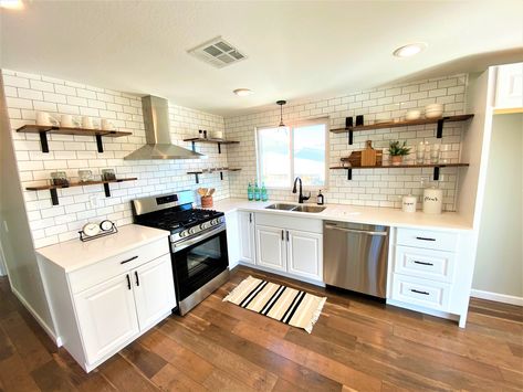 Kitchens With No Top Cabinets, Kitchen Remodel No Upper Cabinets, Kitchen Remodel With Shelves, Kitchen Remodel Open Shelving, Kitchen Design No Upper Cabinets, Upper Shelving In Kitchen, Small Kitchen With Shelves And Cabinets, Stove With Shelves On Each Side, Kitchen Remodel No Window