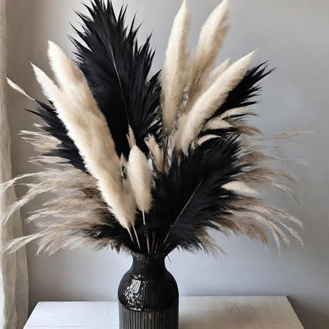 Faux Pampas Tall Grass Black and Neutral- 6 Stems per Color Pampas In Black Vase, Black Pampas Decor, Boho Black Decor, Black Vase With Pampas, Black Pampas Grass Centerpiece, White With Black Accents Living Rooms, Black And Gold Entryway Decor, Floor Vase With Pampas, Black Pampas Grass Wedding