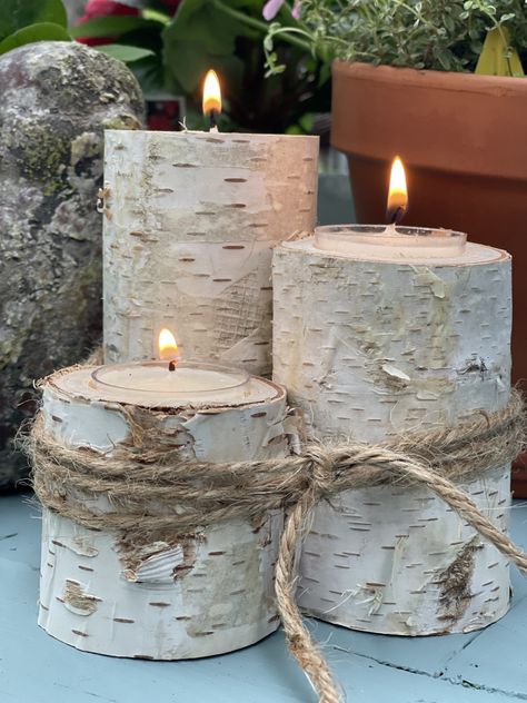 BIRCH WOOD CANDLE HOLDER HACK - Saved from Salvage Birch Tree Candles, Birch Decorations, Birch Tree Decor Christmas, Diy Wood Candles, Birch Wood Decor, Wood Candle Holders Diy, Birch Wedding Decor, Birch Wood Candle Holders, Birch Wood Crafts