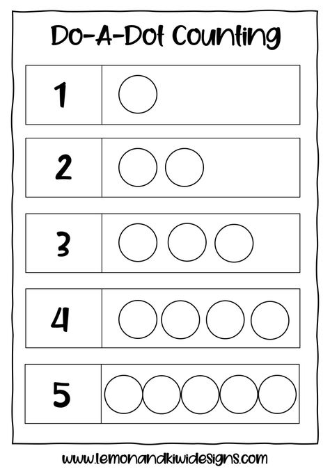 Download 13 free number and counting do-a-dot printable worksheets, activities, and games for preschoolers.  #doadot #printables #preschool #kindergarten #worksheet #math #counting #numbers Preschool Math Printables Free, Count To 5 Worksheet, Dot Worksheets Preschool, Preschooler Math Activities, Number Identification Preschool Free Printable, Free Counting Printables, Preschool Do A Dot Free Printables, Dot A Dot Activities, Pre K Number 1 Activities