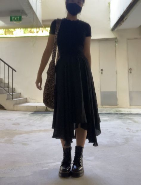 Dresses With Doc Martens Outfits Summer, Doc Martens With Prom Dress, Boot And Long Skirt Outfits, Long Black Skirt Doc Martens Outfit, Winter Flowy Dress, Doc Martens Formal Outfit, Long Skirts With Doc Martens, Long Dress Doc Martens, Long Flowy Black Skirt