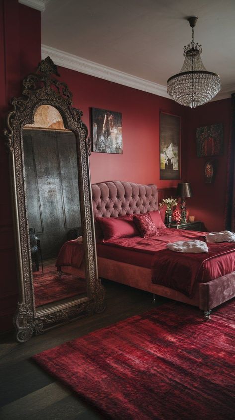 Inject modern style into your sleeping quarters with these innovative dark moody bedroom ideas. Perfect for those who love contemporary design. Dark Red Bedroom Decor, Black And Burgundy Bedroom Ideas, Red Gothic Bedroom, Dark Romantic Bedroom Decor, Brothel Bedroom, Deep Red Bedroom, Dark Red Bedroom Ideas, Dark Red Room Aesthetic, Romantic Goth Room