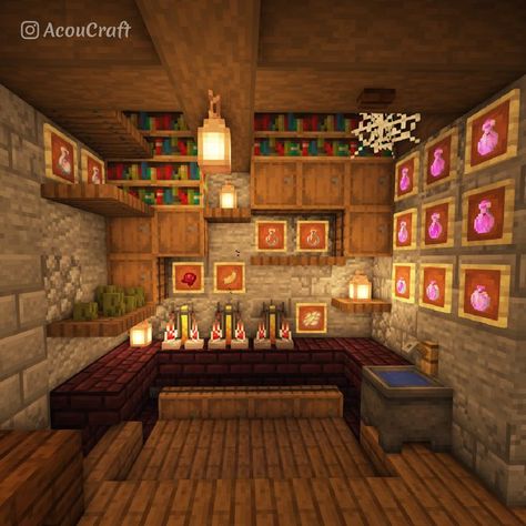 A minecraft Brewing room design for all your potion needs.✨⁠ Design is from my medieval winter house build on youtube, acoucraft. Minecraft Brew Room Ideas, Minecraft Spruce Interior Design, Minecraft Staircase Design Cottage, Enchanted Table Room Minecraft, Potion Making Room Minecraft, Brewing Stand Room Minecraft, Potion Minecraft Room, Potion Stand Minecraft, Potion Room Minecraft Design