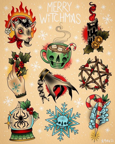 Traditional Christmas Tattoo Flash, Horror Christmas Drawing, Halloween Christmas Tattoo, Christmas Halloween Tattoo, Yule Tattoo Ideas, Christmas Flash Tattoo Sheet, Holiday Flash Tattoo, Creepmas Tattoo, Christmas Traditional Tattoo