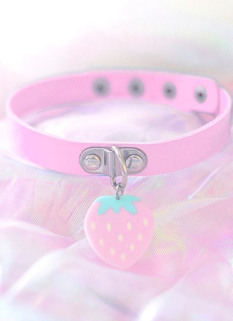 Holographic Choker, Pastel Accessories, Kawaii Strawberry, Leather Pendant, Strawberry Charm, Lava Stone Bracelet, Kawaii Fashion Outfits, Kawaii Accessories, Kawaii Clothes