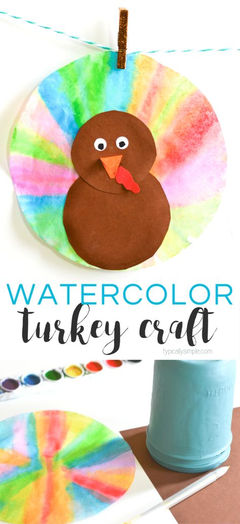 With just a few supplies, these watercolor coffee filter turkeys are a fun Thanksgiving craft to make with the kids. Hang around the house as some cute Thanksgiving decorations! They would look really pretty hanging in a window because the watercolors give them a sun catcher type of look! #kidscraft #turkeycraft Watercolor Coffee Filter, Thanksgiving Crafts To Make, Handprint Turkey, Thanksgiving Crafts For Toddlers, Fun Thanksgiving Crafts, Thanksgiving Crafts Preschool, Craft To Make, Turkey Hat, Thanksgiving Projects