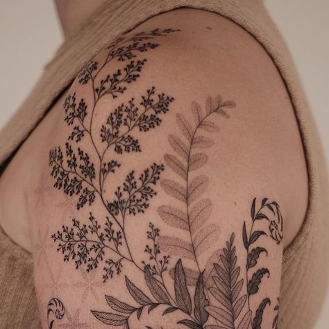 Floral Tattoo Background, Leaf Hip Tattoos Women, Botanical Leaves Tattoo, Botanical Wrap Tattoo Upper Arm, Plant Rib Tattoo, Forearm Fern Tattoo, Forearm Plant Tattoo, Ecosystem Tattoo, Aestet Ink