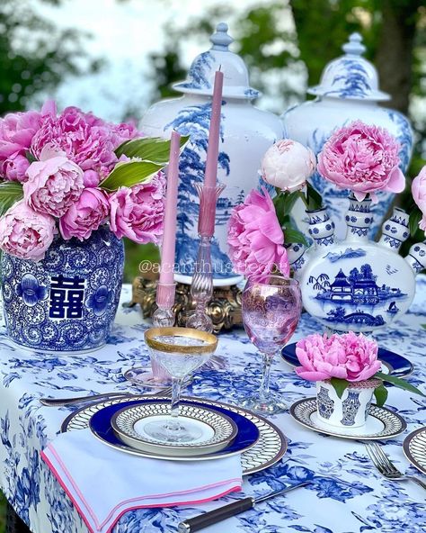 Blue and White Delicate Beauty Table Decor!💙💝🌸 #tabledecor #tabledecorations #tabledecoration #tablesetting #tablesettingideas… | Instagram Blue And White China Bedroom, Grand Millennial Tablescape, Blue White Table Settings, Chinoiserie Bridal Shower Decor, Preppy Tablescape, Blue And Pink Table Setting, Blue And White China Decor, Chinoiserie Table Decor, Chinoiserie Wedding Decor