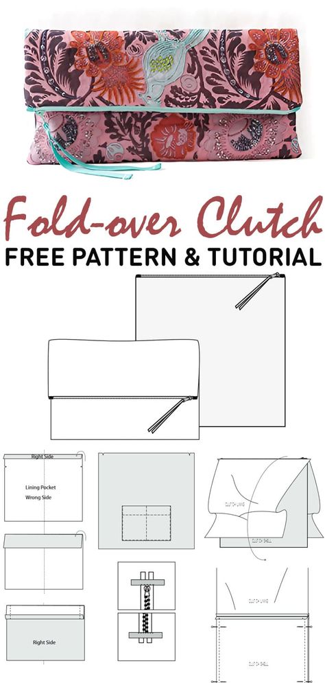 Fold-over Clutch - Free Pattern Fold Over Clutch Pattern Free Sewing, Fold Over Bag Pattern Free, Fold Over Clutch Pattern, Clutch Pattern Sewing, Clutch Sewing Pattern Free, Clutch Purse Pattern Free, Diy Clutch Purse Tutorial Free Pattern, Clutch Pattern Free, Diy Purse Patterns Free