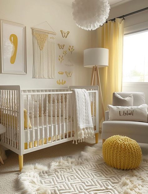 Light Pink And Gold Nursery, Yellow Sunshine Nursery, Baby Girl Nursery Yellow And Pink, Yellow Boho Nursery, Yellow Nursery Ideas Gender Neutral, Yellow Baby Room Ideas, Yellow Baby Girl Nursery, Spring Nursery Ideas, Baby Room Ideas Yellow