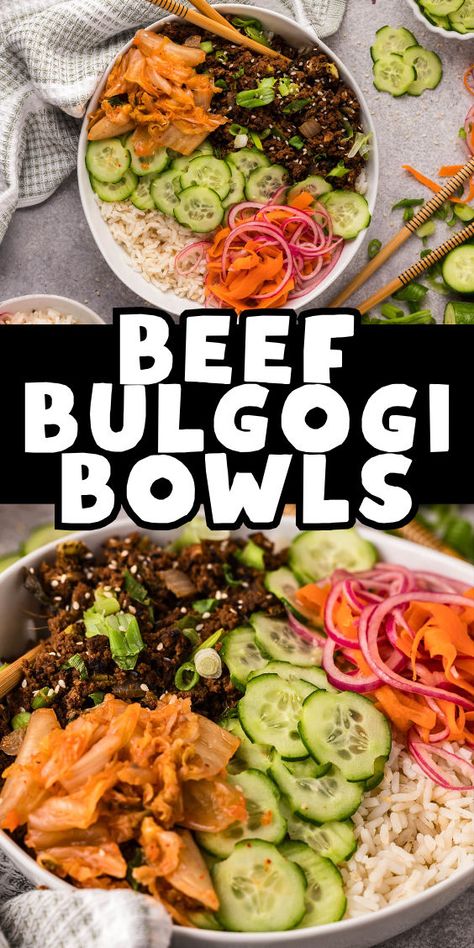 How to make beef bulgogi bowls Beef Bulgogi Bowl Recipe, Korean Bulgogi Bowl, Bugolgi Korean, Bulgogi Rice Bowl, Easy Beef Bulgogi, Beef Bulgogi Bowl, Crispy Ground Beef, Ground Beef Bulgogi, Bulgogi Bowl