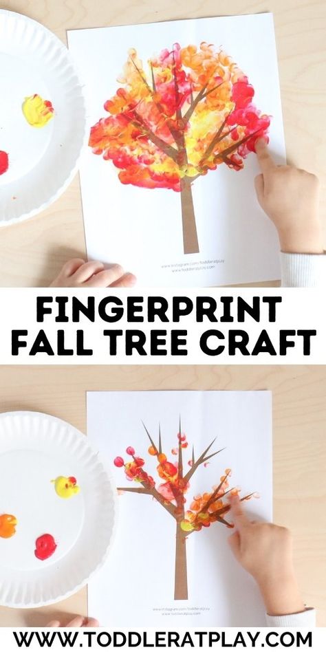 Fingerprint Fall Tree Craft - Toddler at Play Fall Party At School, Fall Nursery Crafts, Nursery Crafts Preschool, Season Crafts Preschool, Thankful For Preschool, Fall Tree Craft, Fall Crafts For Toddlers, September Crafts, Craft For Preschoolers