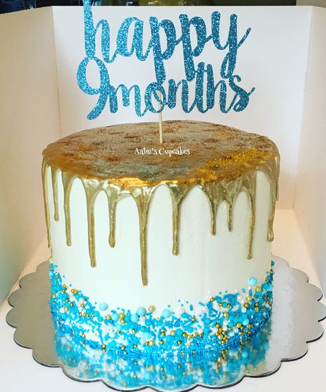 Happy 9th months old cake with golden drip and blue dream jimmies 🎂 6 Month Anniversary Cake Ideas, 6 Months Anniversary Cake, Monthsary Cake, Happy 9 Months Anniversary, Happy 6 Months Cake, 9 Month Anniversary, Old Cake, 9th Month, Blue Dream