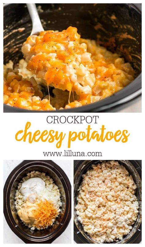 Crockpot cheesy potatoes are the perfect, easy side dish for your next meal or holiday gathering. Just dump, cook, and enjoy!! #crockpotcheesypotatoes #cheesypotatoes #sidedish #crockpotpotatoes #potatoes Slow Cooker Cheesy Potatoes, Crockpot Cheesy Potatoes, Cheesy Potatoes Crock Pot, Starchy Sides, Vegetable Slow Cooker, Crockpot Side Dishes, Cheesy Potatoes Recipe, Crock Pot Potatoes, Crockpot Dinners