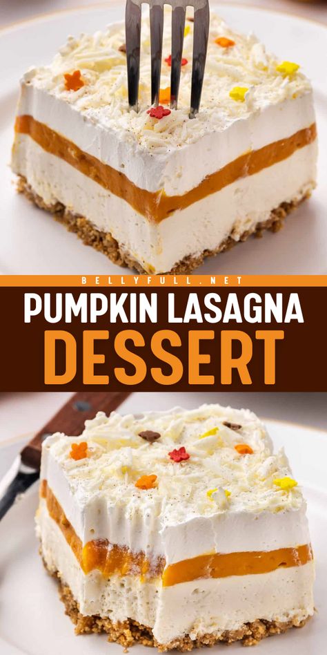 Try this Pumpkin Lasagna Dessert—a no-bake sensation layered with spiced crust, creamy cream cheese, velvety pumpkin puree, and finished with whipped cream and white chocolate shavings. Perfect for simple fall desserts and pumpkin food ideas! Pumpkin And Cream Cheese Desserts, No Bake Pumpkin Lasagna Dessert, Pumpkin Lasagna Recipe, Lasagna Dessert Recipes, White Pumpkin Recipes, Pumpkin Cheesecake Lasagna, Simple Thanksgiving Desserts, Christmas Lasagna Dessert, No Bake Thanksgiving